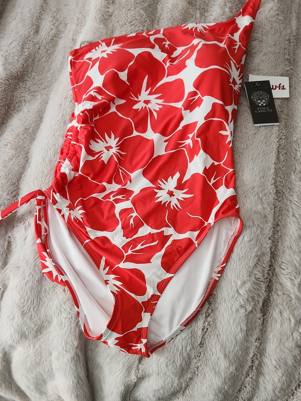 Vince Camuto Red and White Floral One-Shoulder Swimsuit